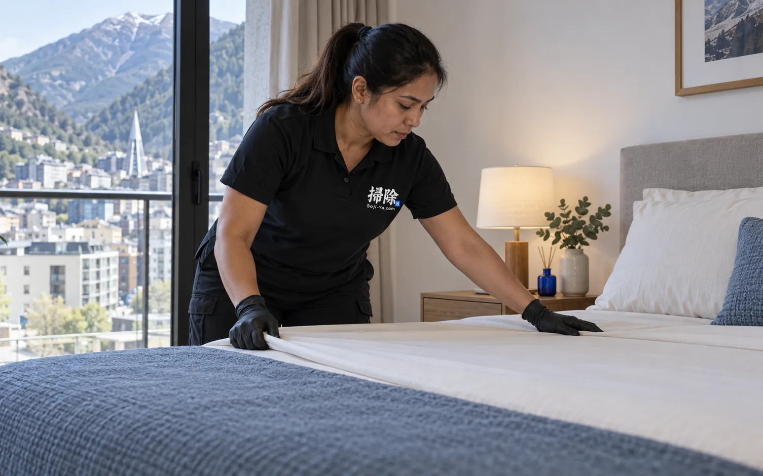House cleaner in Andorra changing the bed linen in a tidy bedroom with a mountain view through the window