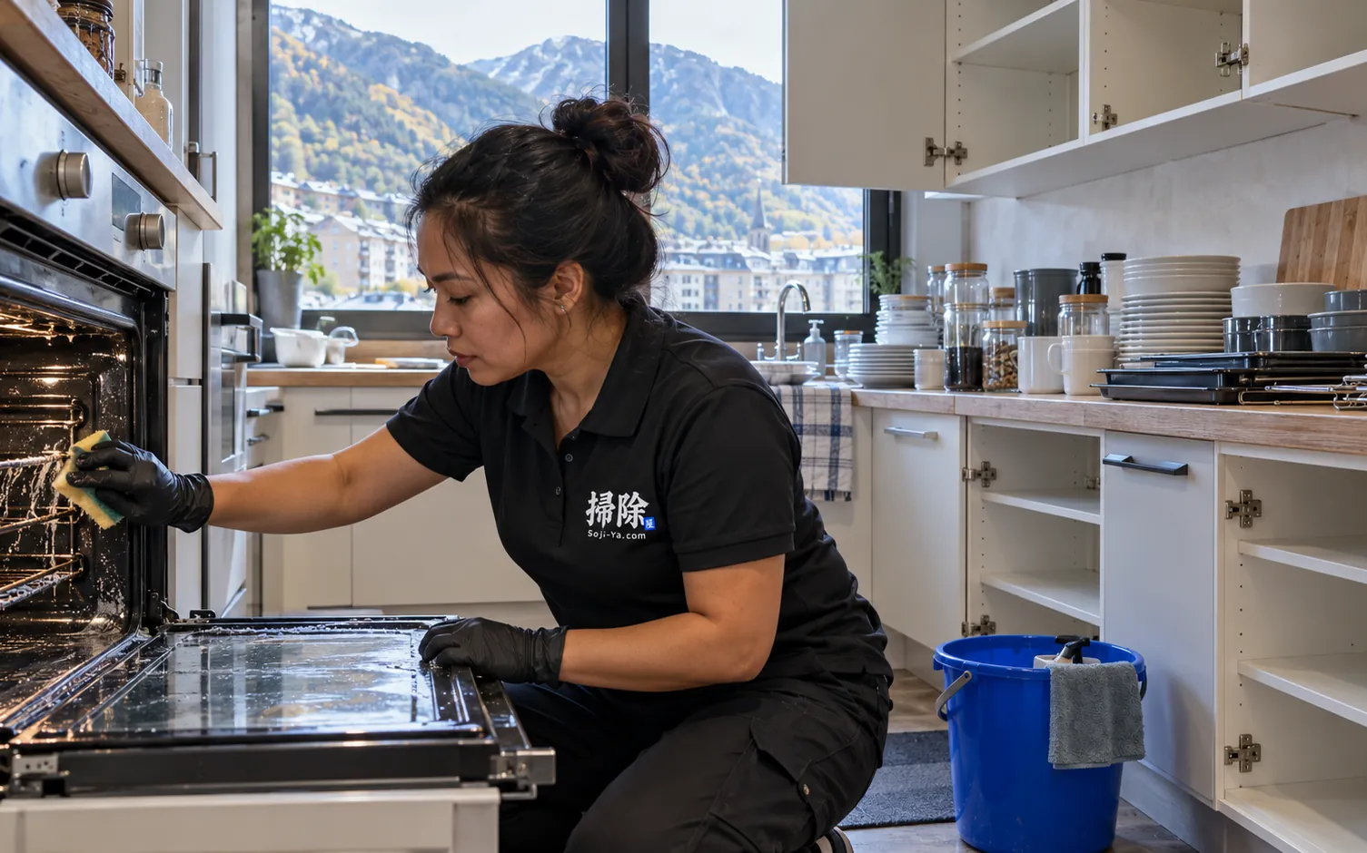 Professional de Sojiya fent net el forn durant una neteja a fons a Andorra, amb els armaris buits