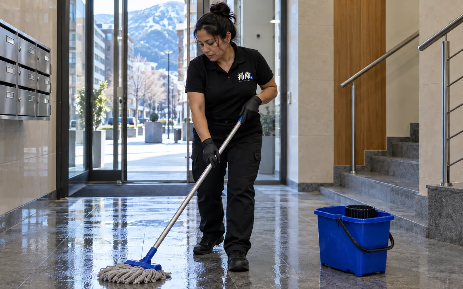 Professional de neteja fregant el portal d'un edifici de pisos a Andorra la Vella, amb l'avinguda comercial al fons