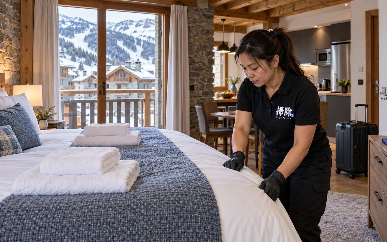 Limpieza de apartamentos turísticos en Andorra: cama hecha con sábanas blancas y toallas dobladas en un piso de montaña