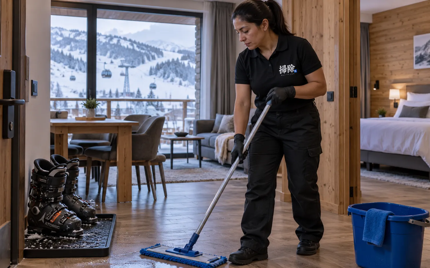 Apartament de fusta a Soldeu amb botes d'esquí a l'entrada, després d'una neteja a Canillo