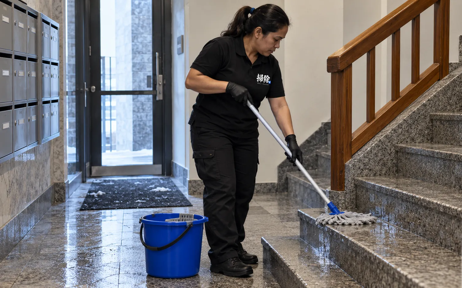 Professional fregant l'escala del portal d'un edifici de pisos, neteja de comunitats a Andorra
