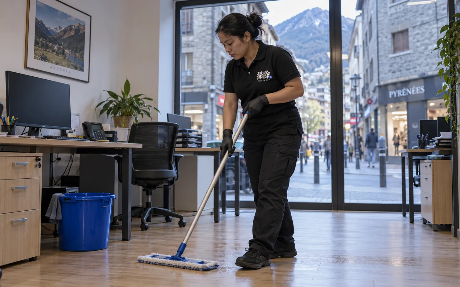 Sojiya cleaner mopping a tidy office in Andorra la Vella at first light