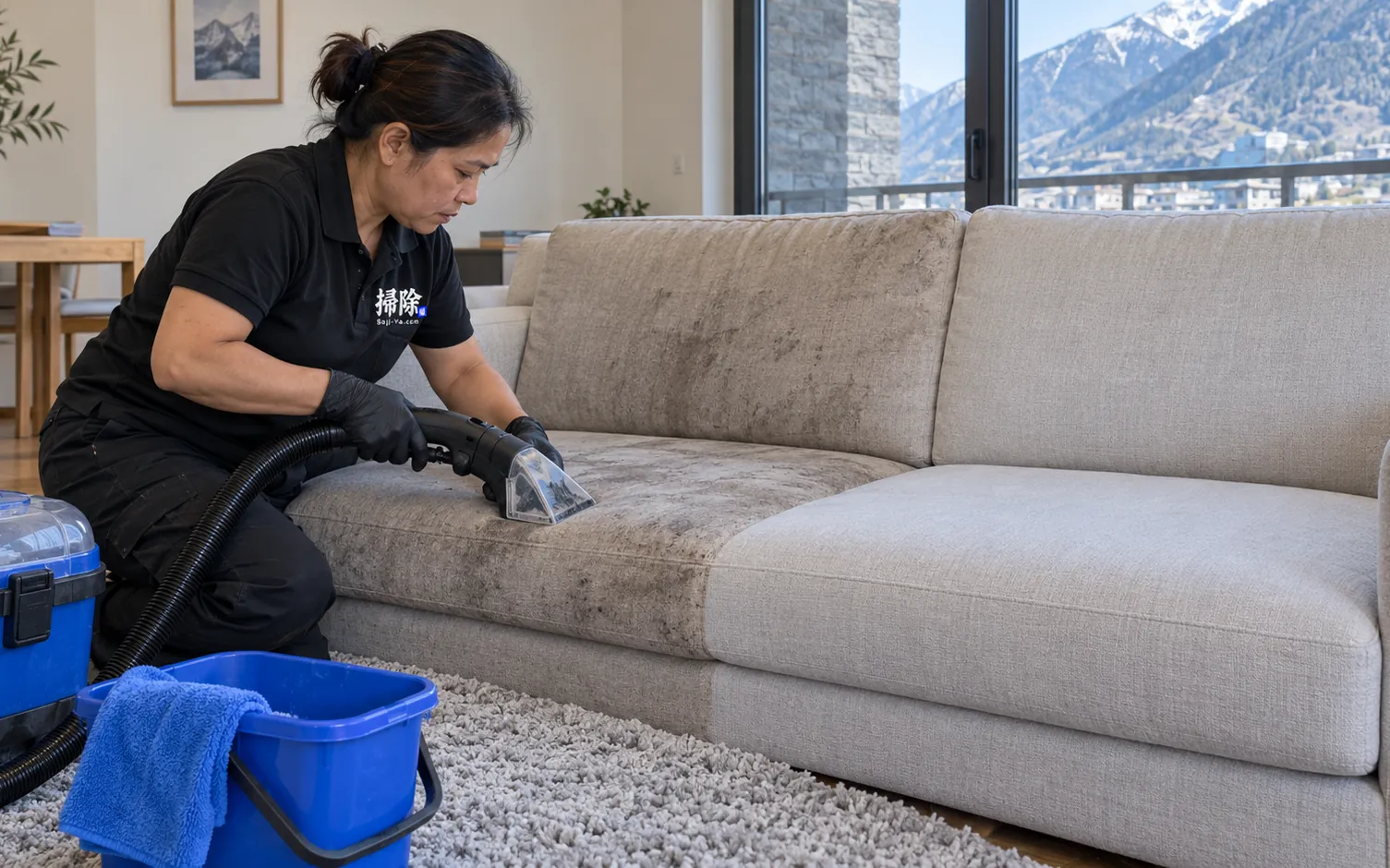 Professional de Sojiya fent la neteja de sofàs d'un sofà de tela clara en una sala d'estar d'Andorra