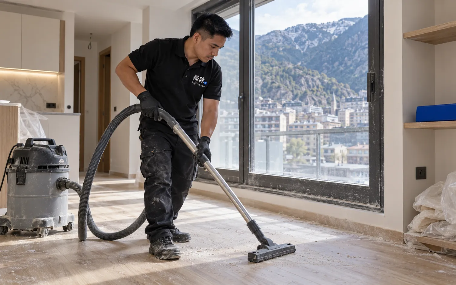 Cleaner vacuuming dust in a newly renovated flat during an after builders clean in Andorra