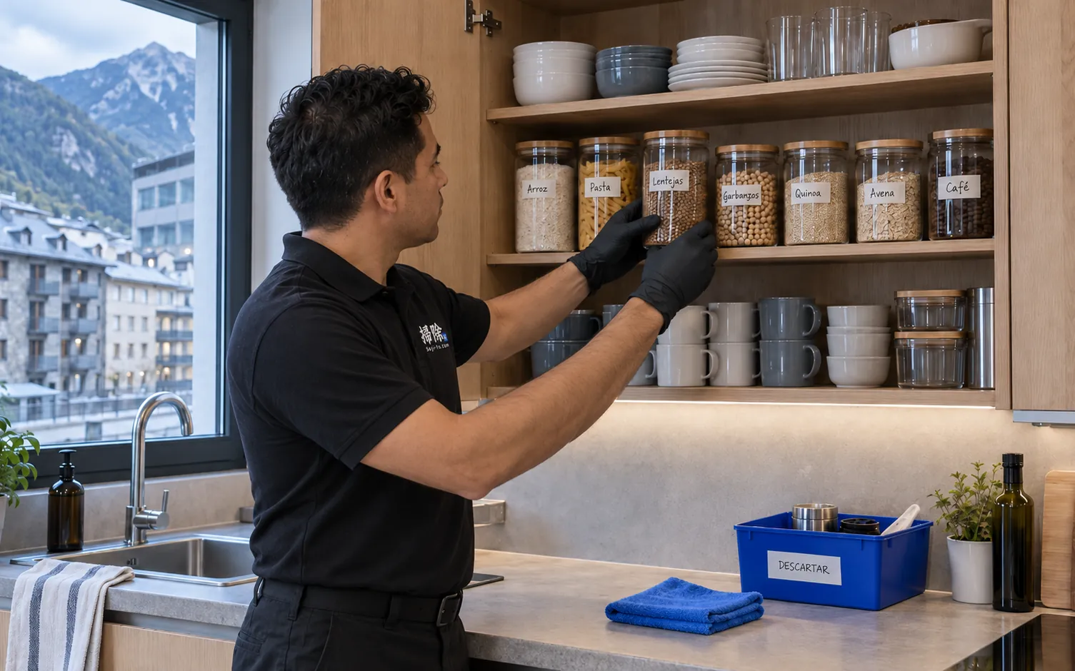 Armario de cocina ordenado con el método 5S en casa: botes alineados y etiquetados, y una caja con lo descartado