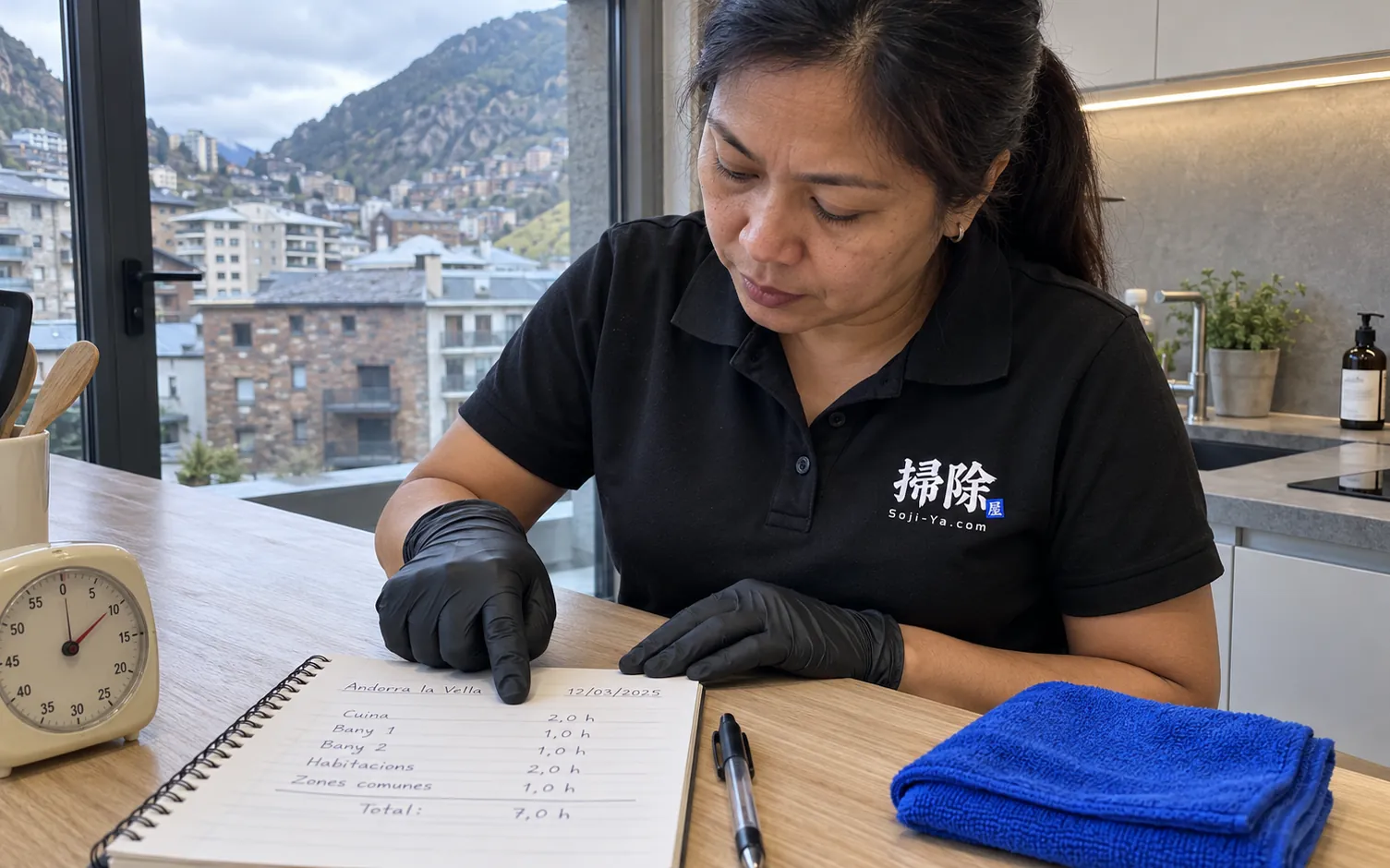 Guantes de limpieza junto a un reloj de cocina y una libreta con cuentas: precio hora limpieza en Andorra